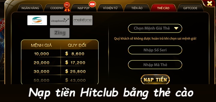 Nạp tiền Hitclub bằng thẻ cào